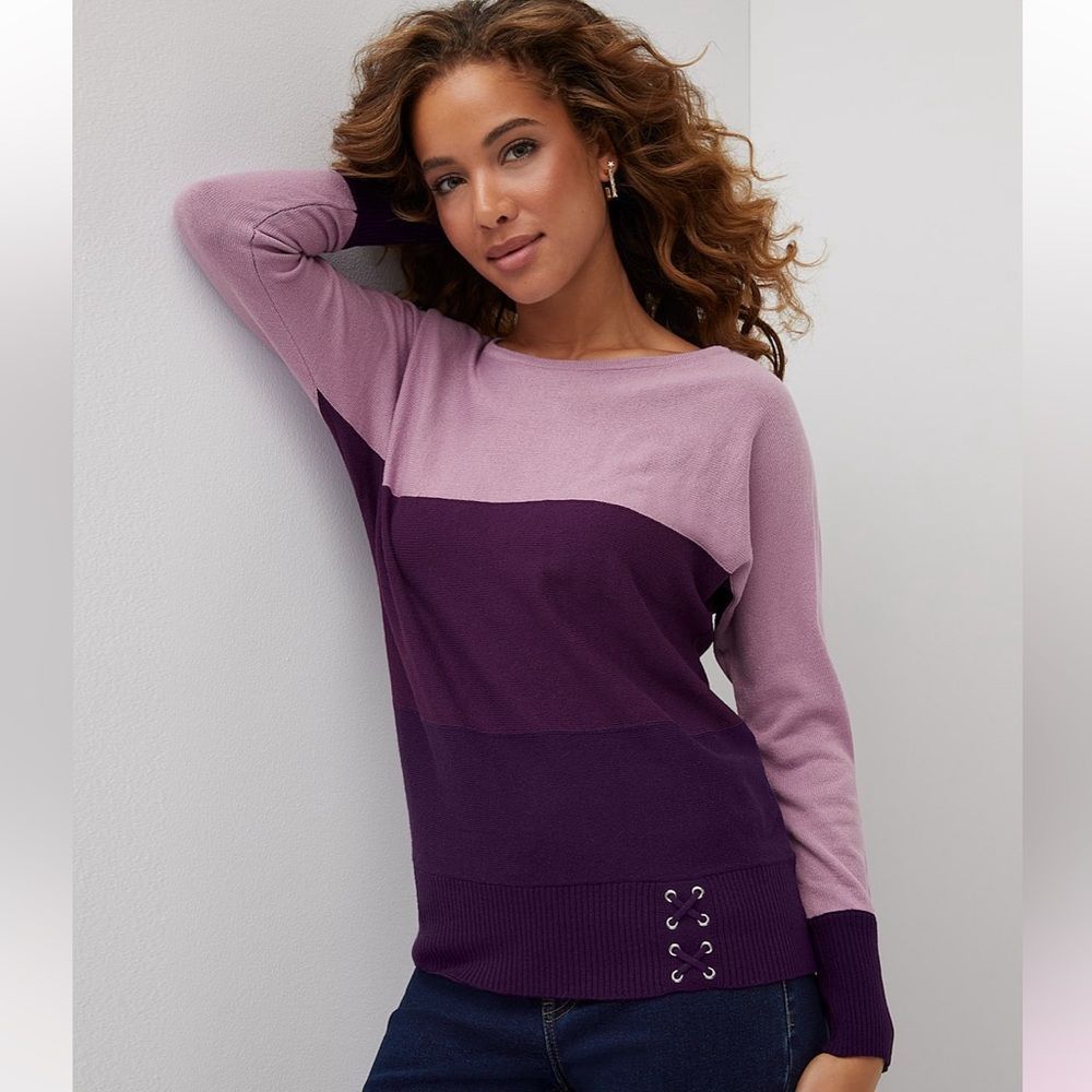 💜NWT NY&CO Plus Dolman Lace up Sweater in Purple, Size XXL